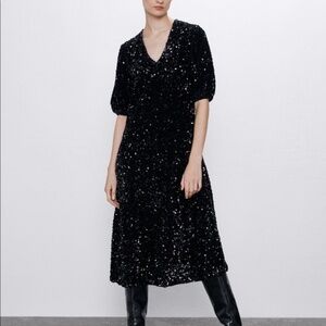 Zara Black Velvet Sequin V-neck Midi Party Dress with Puff Sleeves Size S
